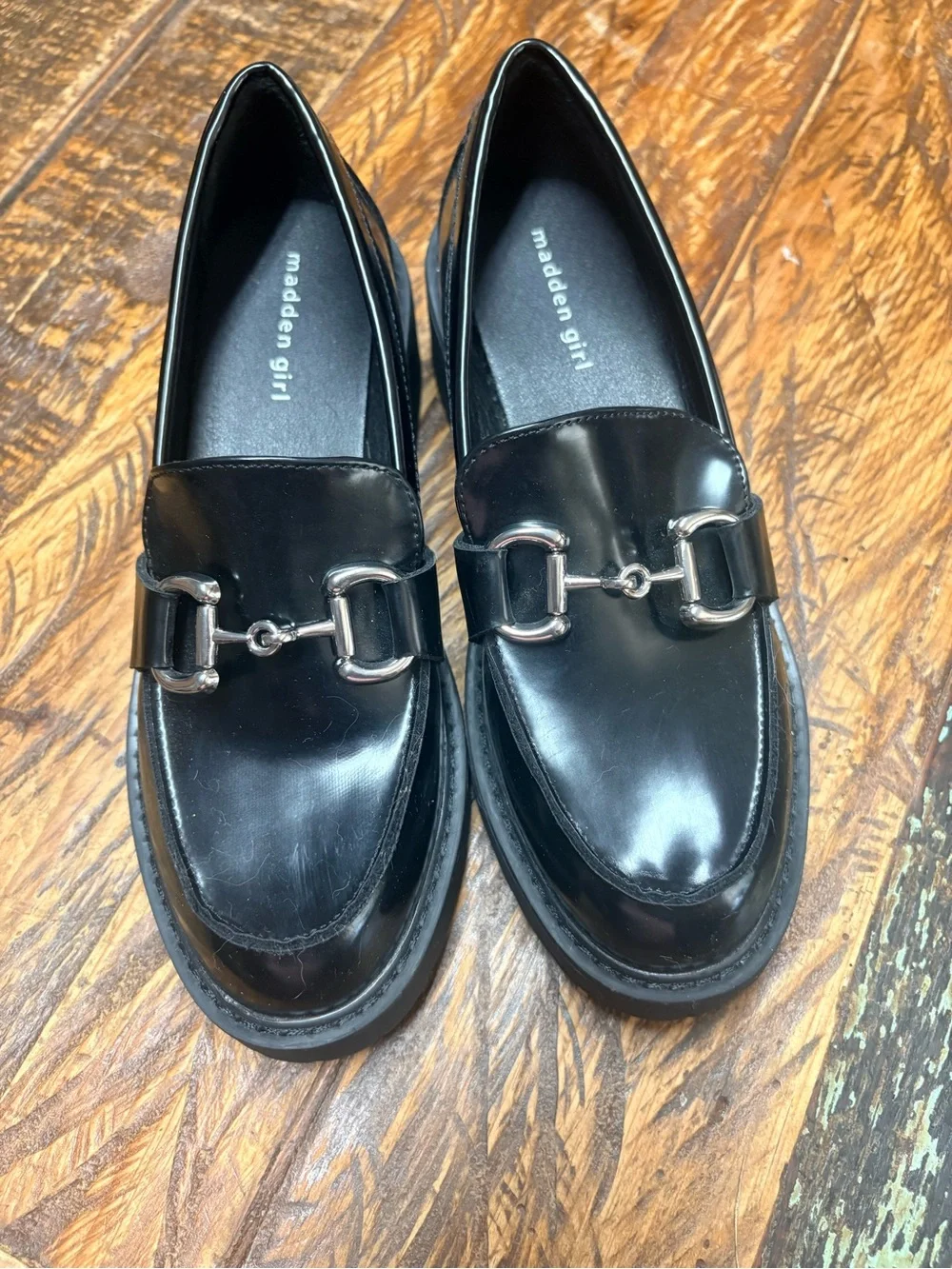 Madden Girl Carter Black Chunky Loafers Platforms with Silver Bit Detail Size 8